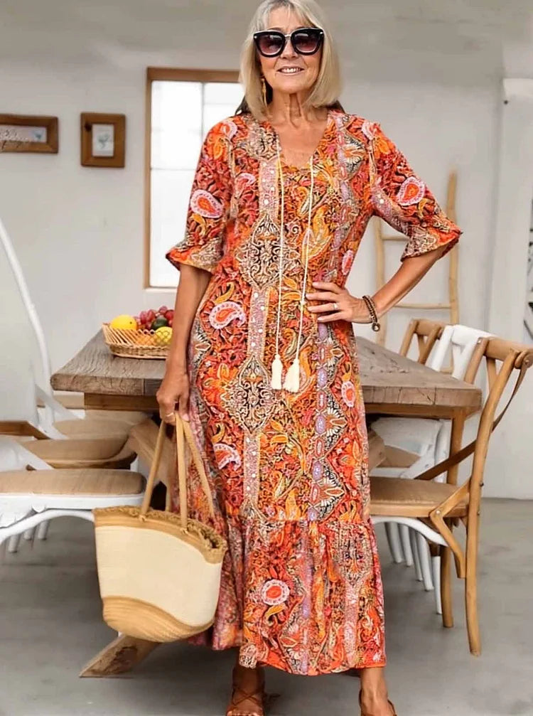 AMARANTHE – BOHO DRAWSTRING NECK MAXI DRESS
