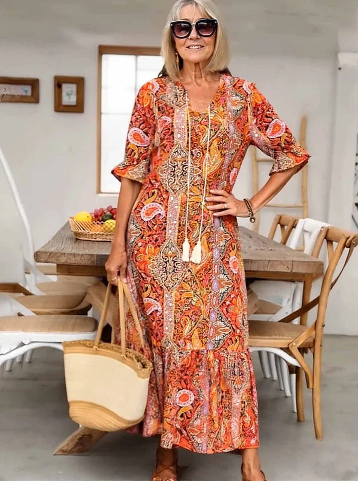AMARANTHE – BOHO DRAWSTRING NECK MAXI DRESS