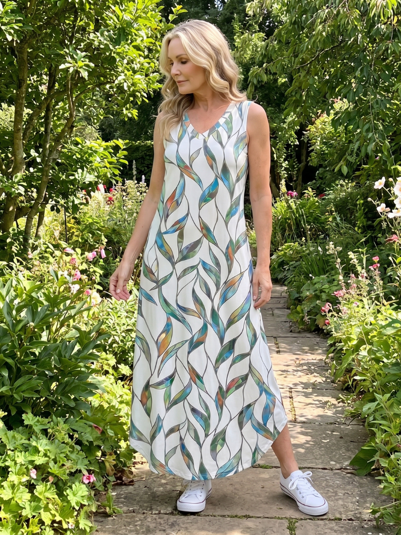 Valerie | Sleeveless Tropical Leaf Print Midi Dress