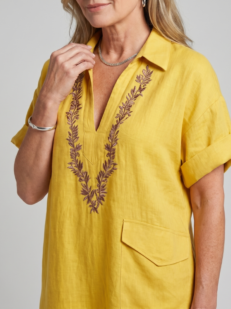 Calluna | Short Sleeve V Neck  Embroidered Detail Midi Dress