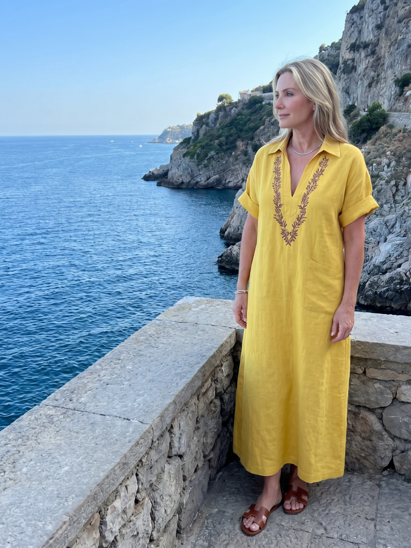 Calluna | Short Sleeve V Neck  Embroidered Detail Midi Dress
