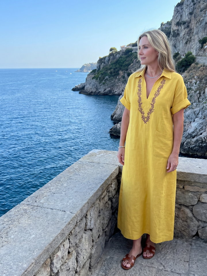 Calluna | Short Sleeve V Neck  Embroidered Detail Midi Dress