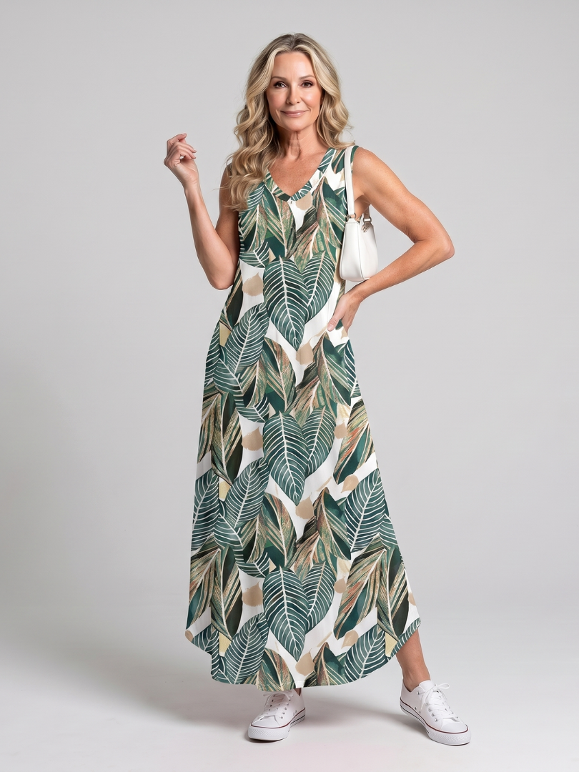 Valerie | Sleeveless Tropical Leaf Print Midi Dress