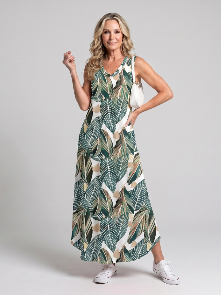 Valerie | Sleeveless Tropical Leaf Print Midi Dress