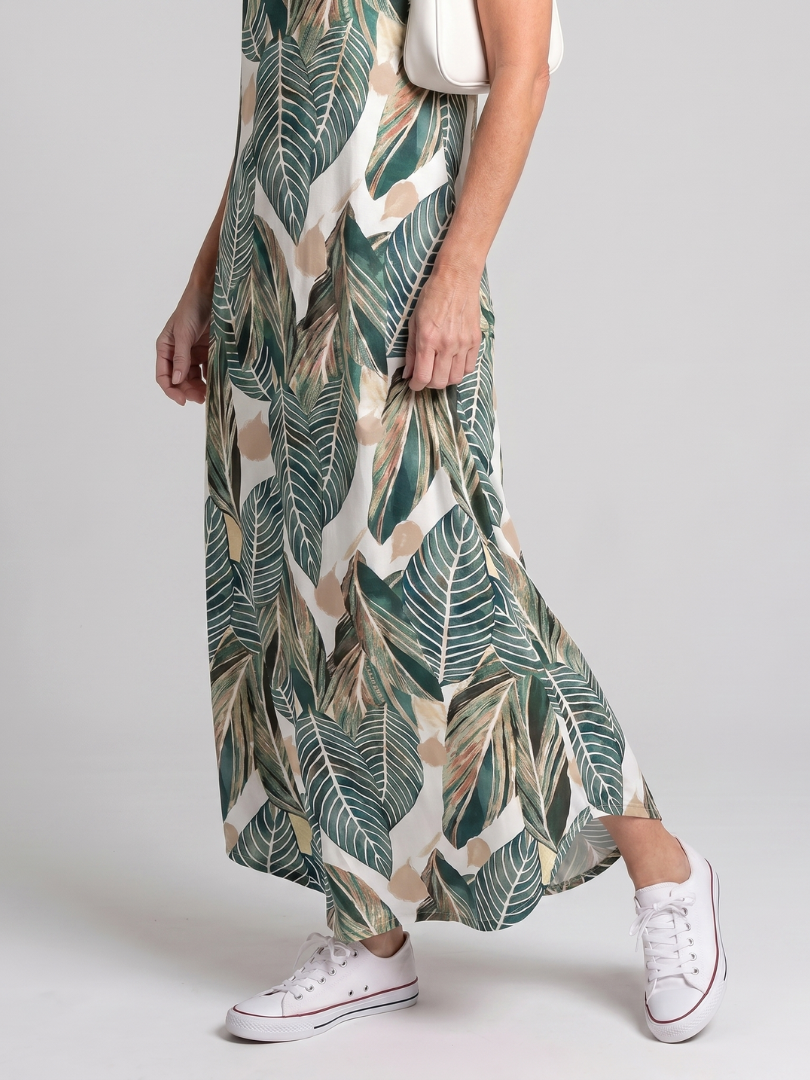 Valerie | Sleeveless Tropical Leaf Print Midi Dress