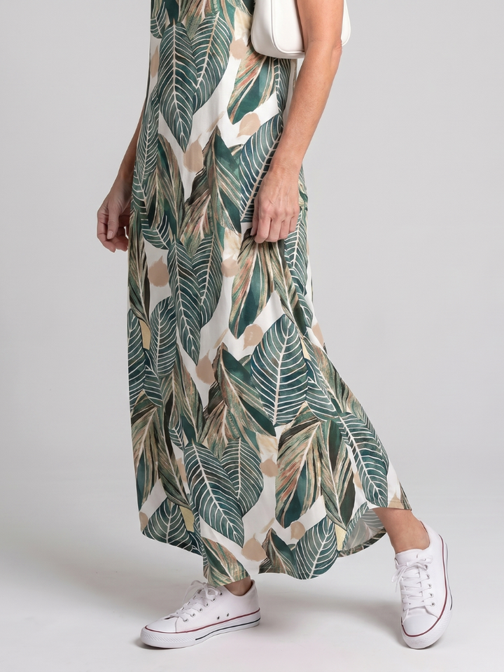 Valerie | Sleeveless Tropical Leaf Print Midi Dress