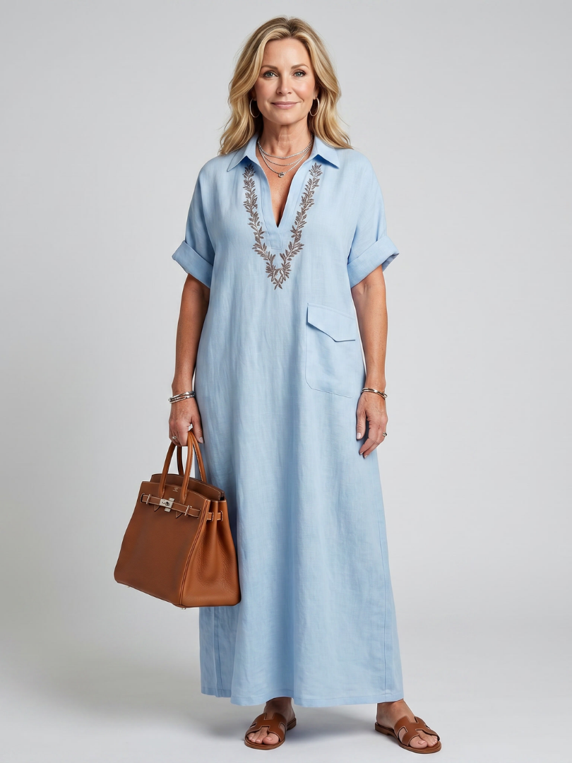 Calluna | Short Sleeve V Neck  Embroidered Detail Midi Dress