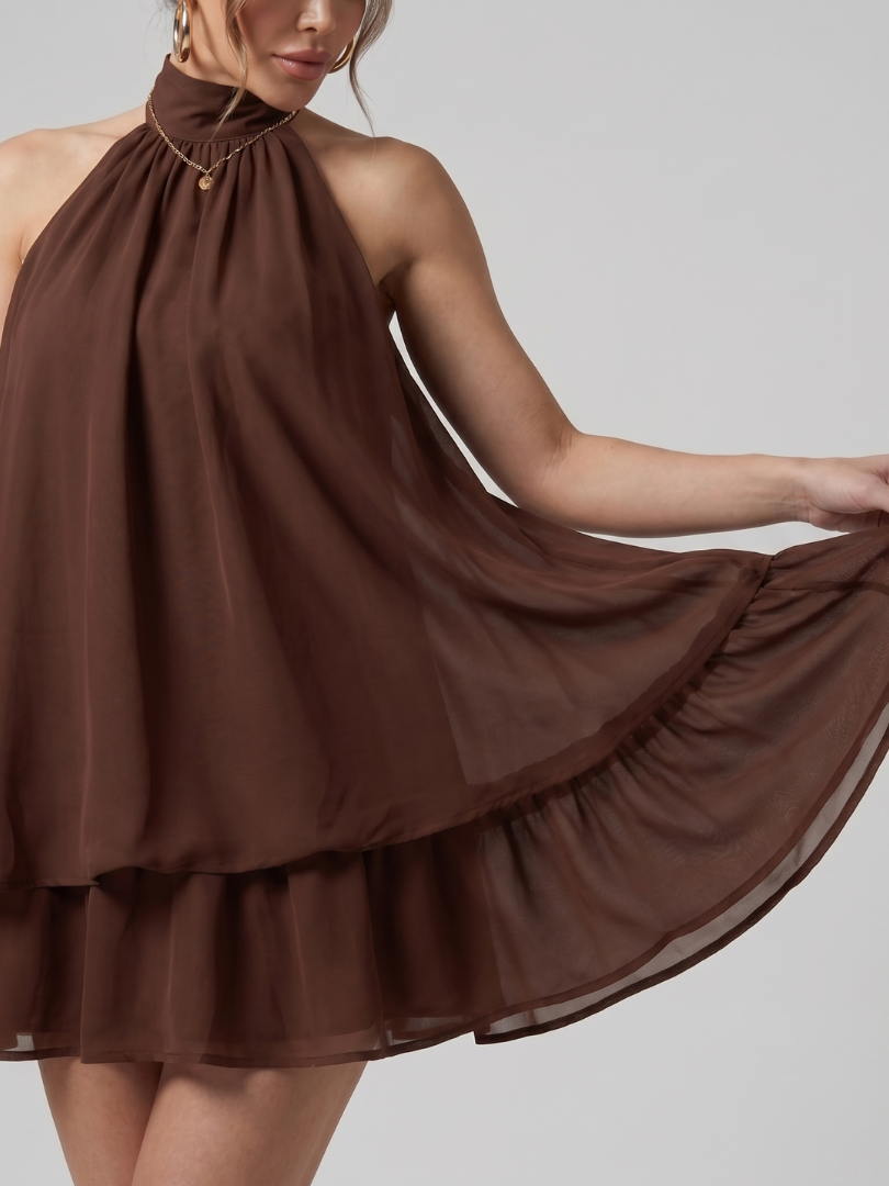 Hadley | High Neck Layered Chiffon Flared Hem Mini Dress