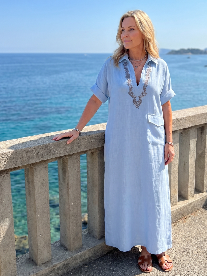 Calluna | Short Sleeve V Neck  Embroidered Detail Midi Dress