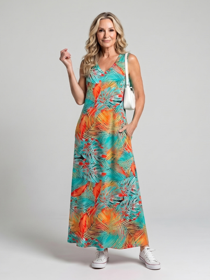 Valerie | Sleeveless Tropical Leaf Print Midi Dress