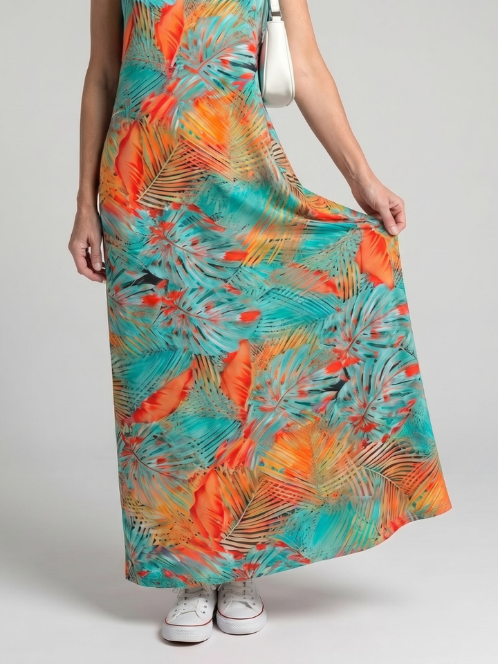 Valerie | Sleeveless Tropical Leaf Print Midi Dress