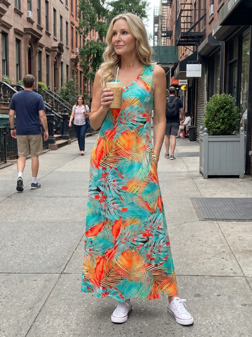 Valerie | Sleeveless Tropical Leaf Print Midi Dress