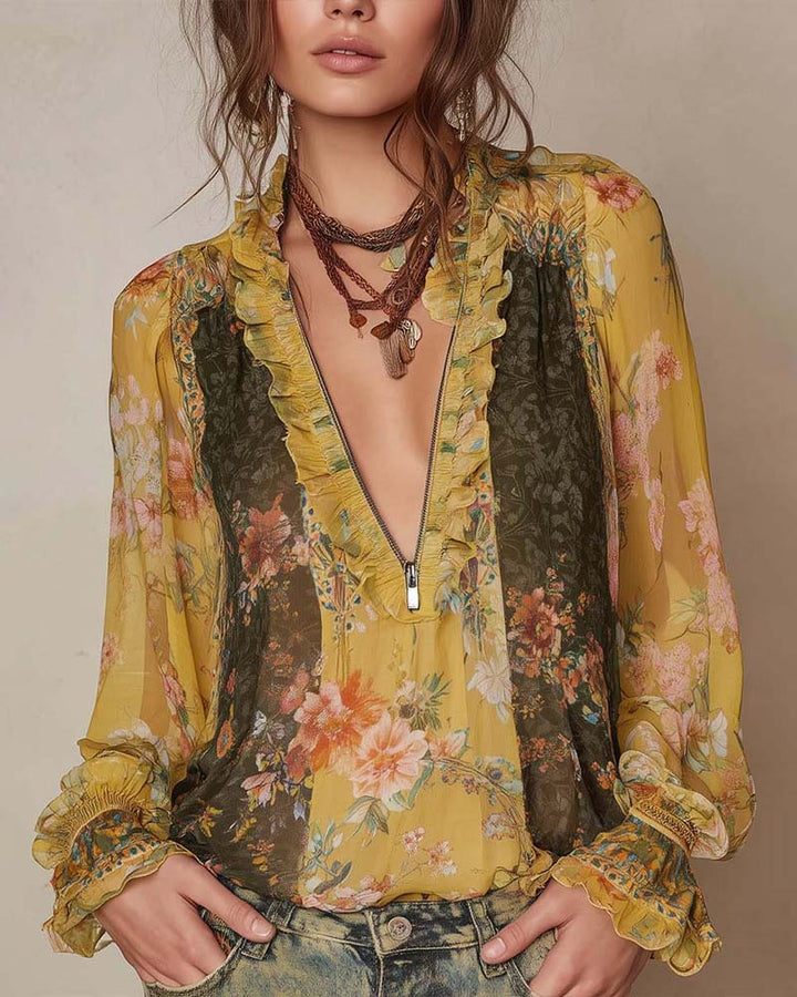 LILLIAN – ROMANTIC FLORAL ZIP BLOUSE