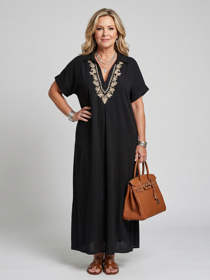Calluna | Short Sleeve V Neck  Embroidered Detail Midi Dress