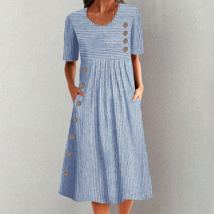 ZIRELIA – CLASSIC STRIPED BUTTON MIDI DRESS