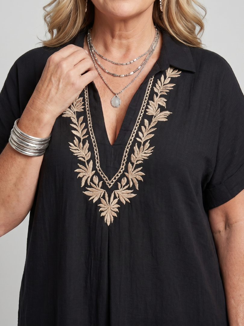 Calluna | Short Sleeve V Neck  Embroidered Detail Midi Dress