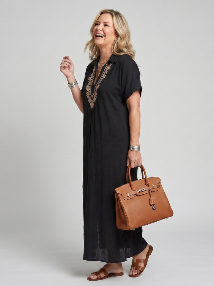 Calluna | Short Sleeve V Neck  Embroidered Detail Midi Dress