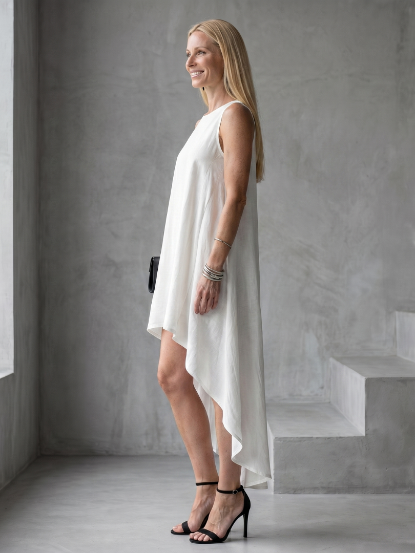 Zoya | Sleeveless High Low Flowing Shape Midi Dress