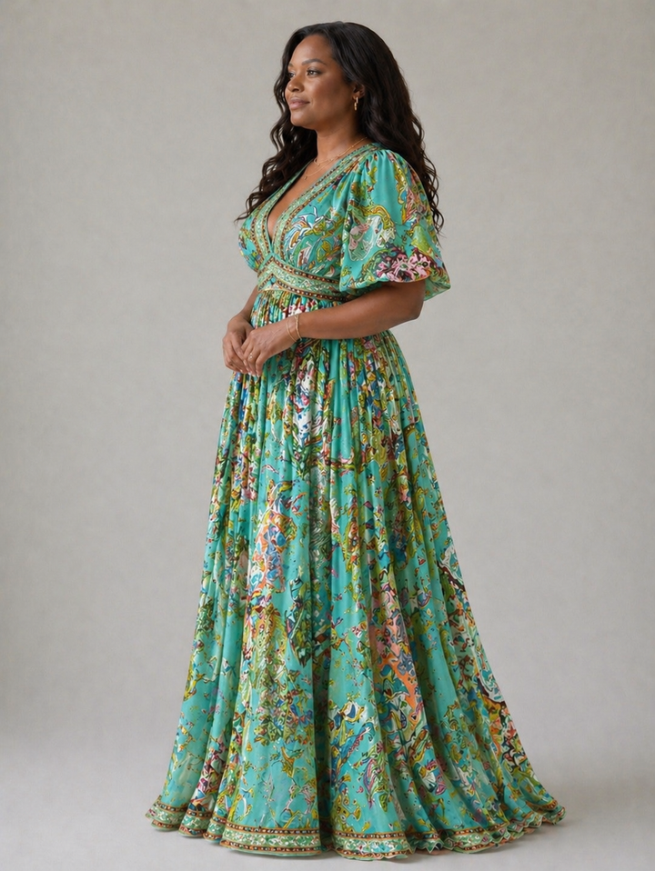 Stylized Fashion | Airy maxi dress with puff sleeves and V-neck