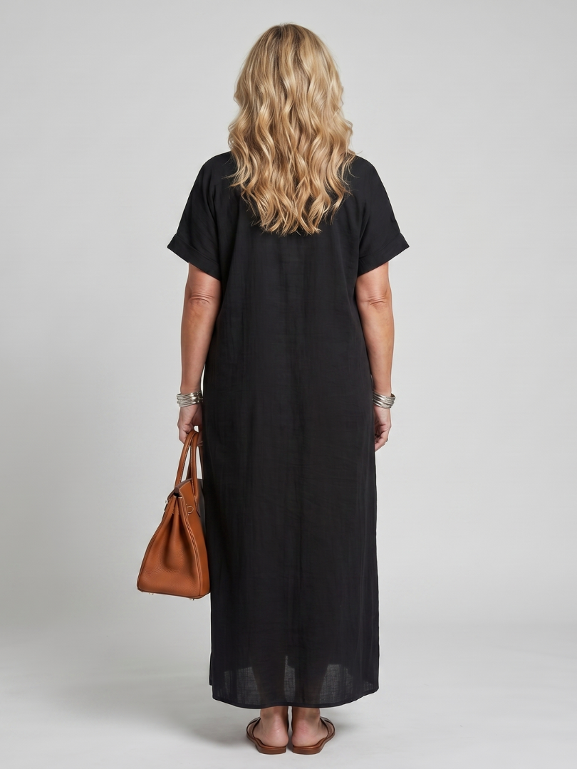 Calluna | Short Sleeve V Neck  Embroidered Detail Midi Dress