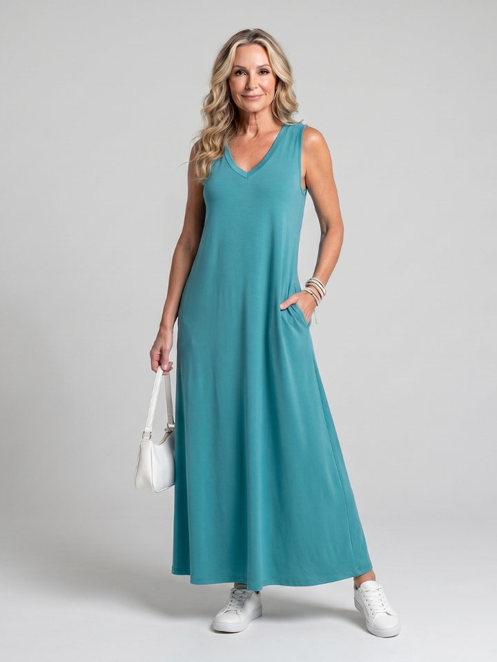 Valerie | Sleeveless Tropical Leaf Print Midi Dress