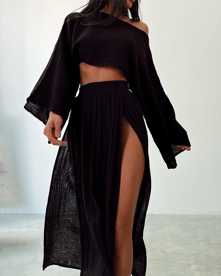 Stylish Polyester and Linen Split Two-Piece Set