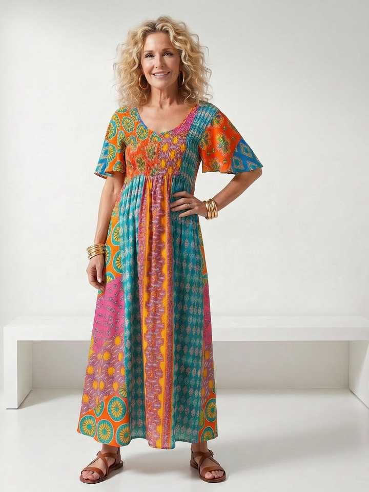 Isia | Mixed Print Short Sleeve Midi Dress