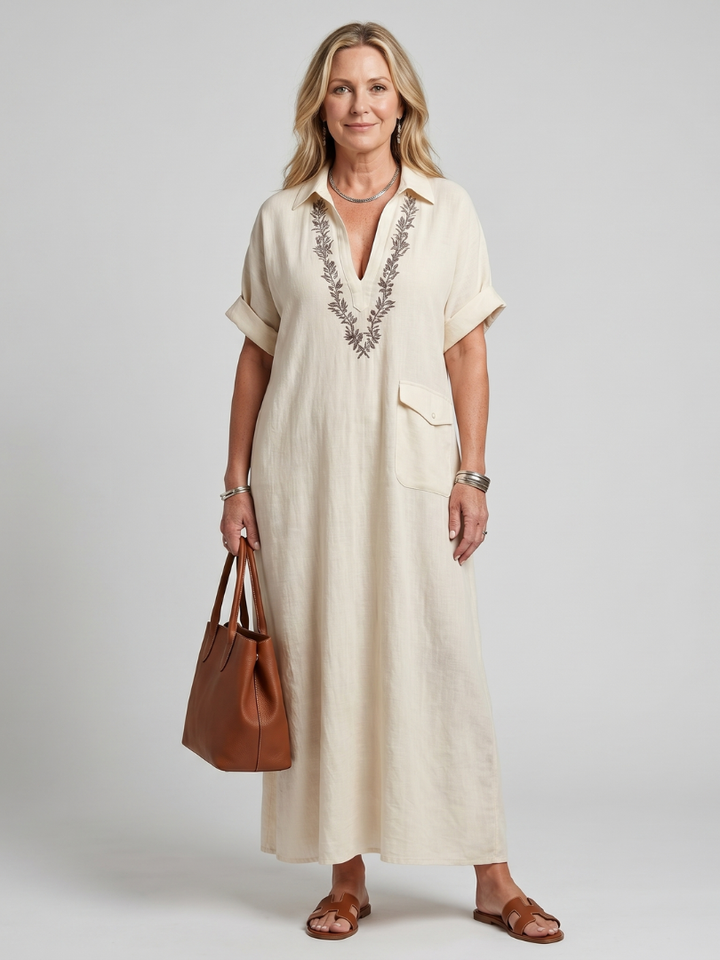 Calluna | Short Sleeve V Neck  Embroidered Detail Midi Dress