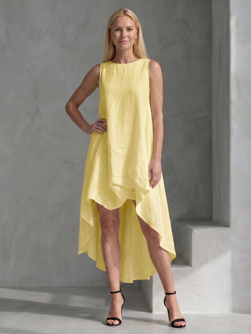 Zoya | Sleeveless High Low Flowing Shape Midi Dress