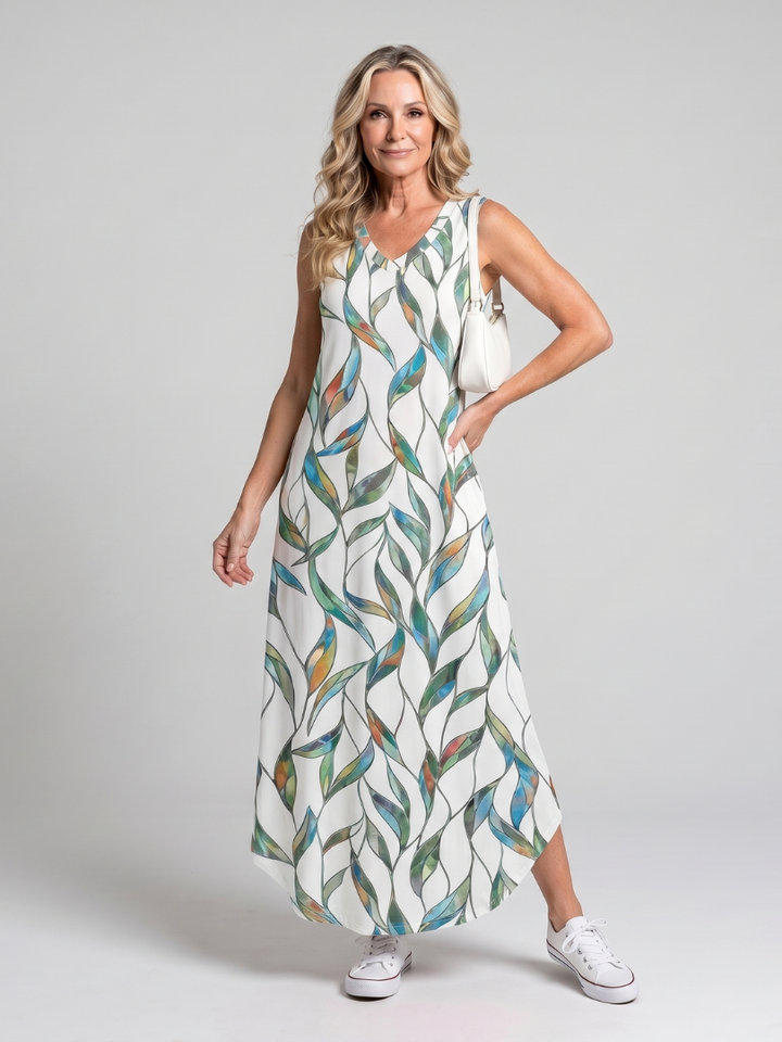 Valerie | Sleeveless Tropical Leaf Print Midi Dress