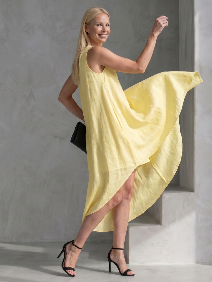 Zoya | Sleeveless High Low Flowing Shape Midi Dress