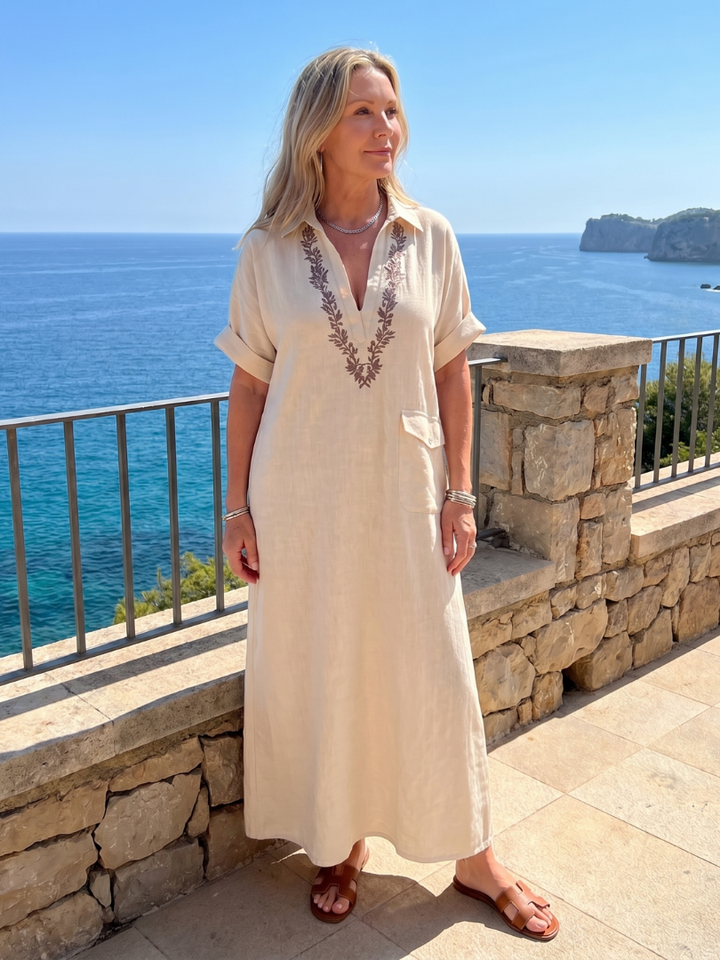 Calluna | Short Sleeve V Neck  Embroidered Detail Midi Dress