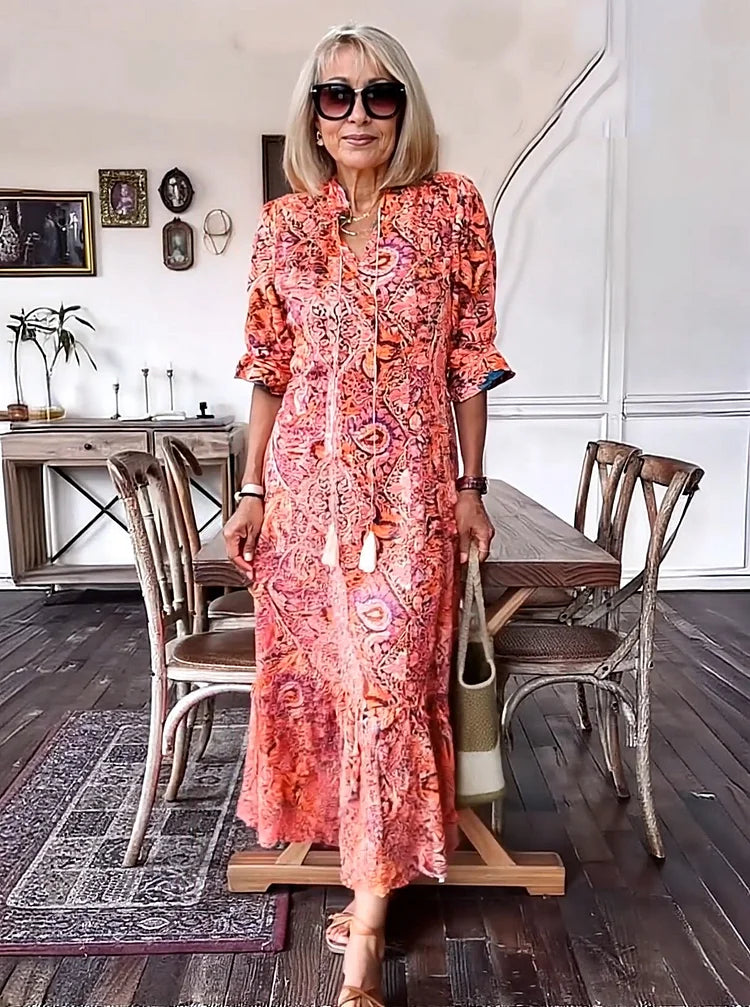 AMARANTHE – BOHO DRAWSTRING NECK MAXI DRESS