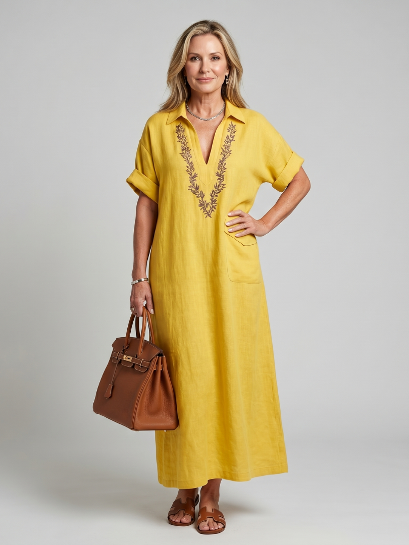Calluna | Short Sleeve V Neck  Embroidered Detail Midi Dress