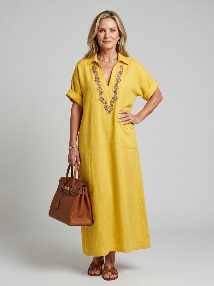 Calluna | Short Sleeve V Neck  Embroidered Detail Midi Dress