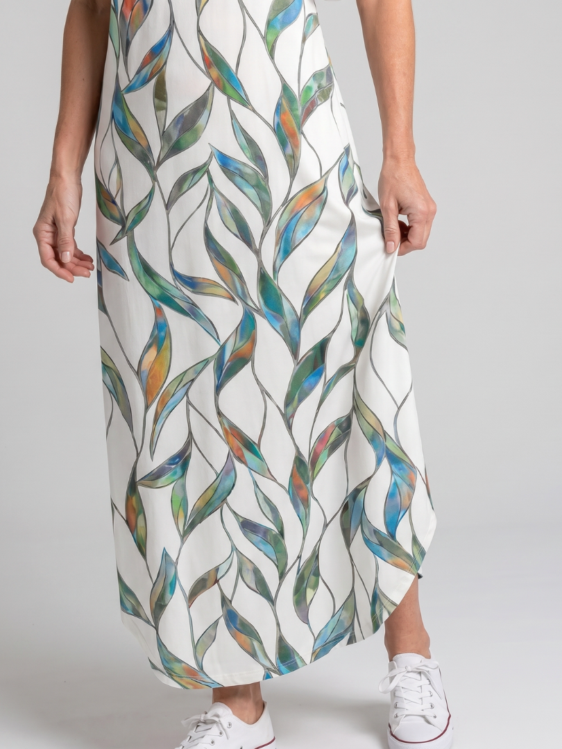 Valerie | Sleeveless Tropical Leaf Print Midi Dress