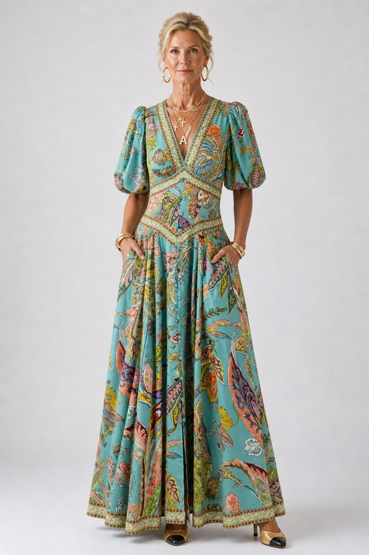 Stylized Fashion | Airy maxi dress with puff sleeves and V-neck