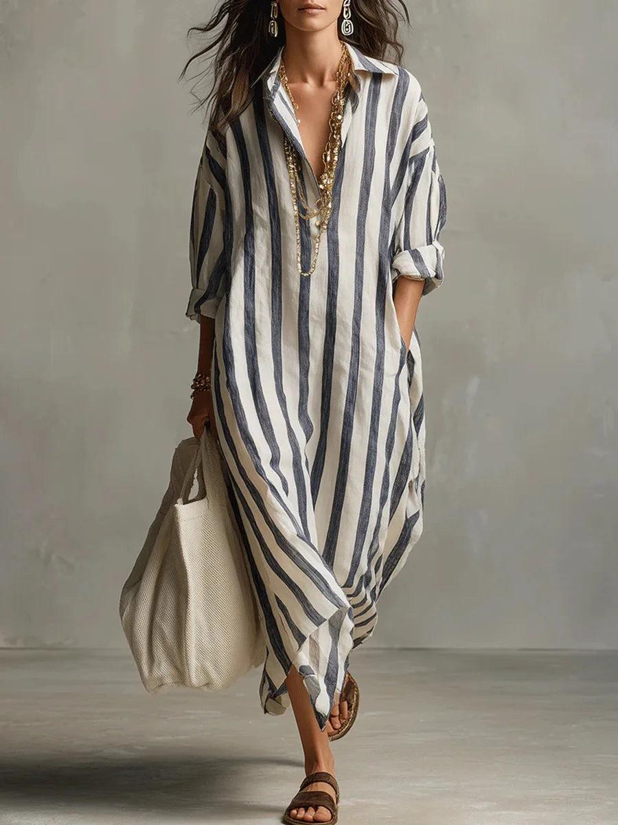 Marina | Women’s Striped Linen Long Shirt Dress