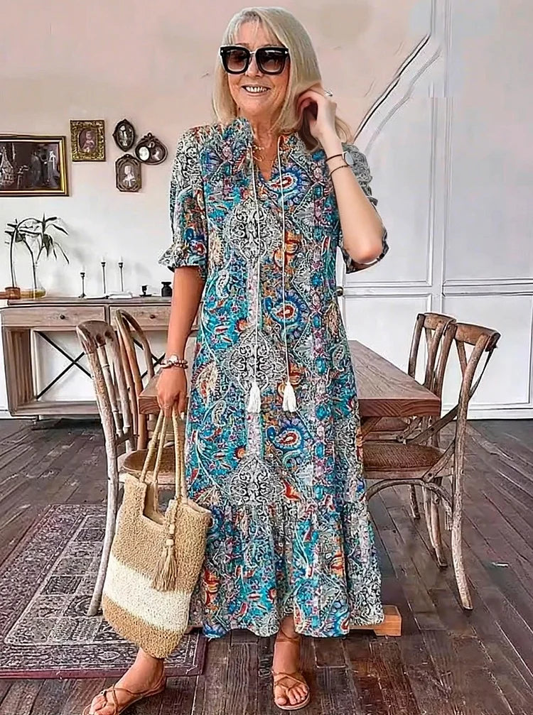 AMARANTHE – BOHO DRAWSTRING NECK MAXI DRESS