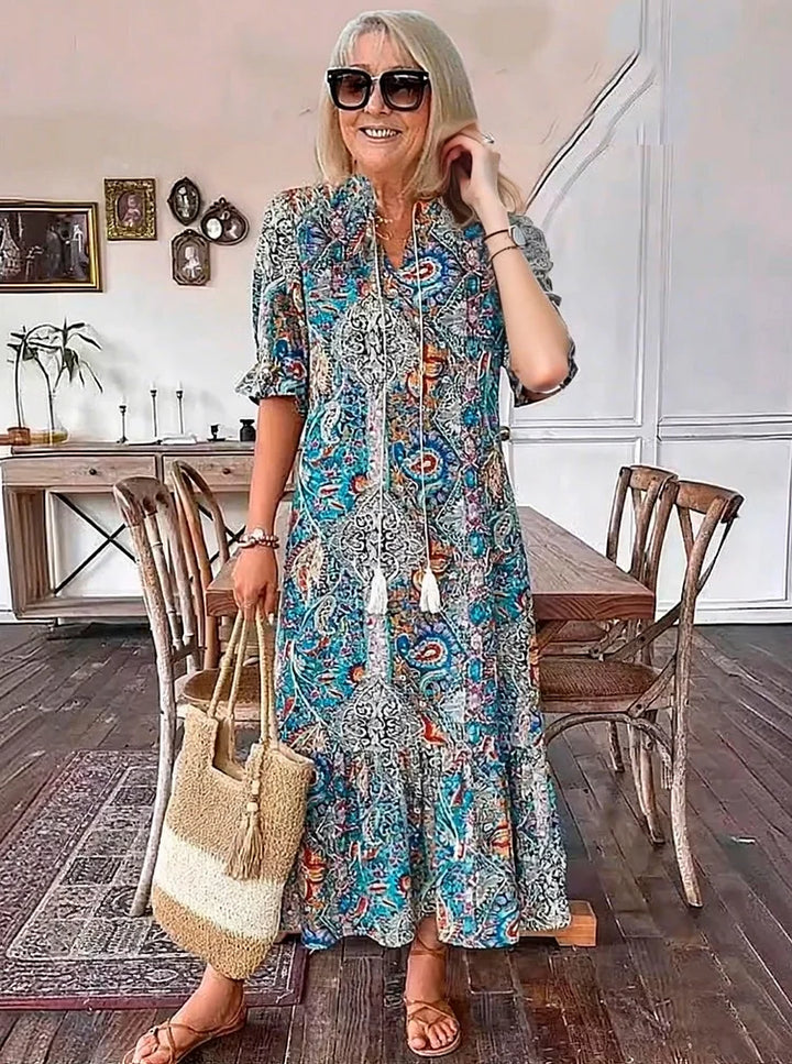 AMARANTHE – BOHO DRAWSTRING NECK MAXI DRESS