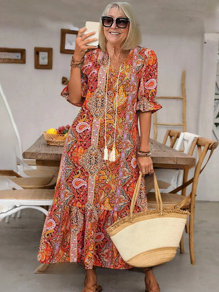 AMARANTHE – BOHO DRAWSTRING NECK MAXI DRESS
