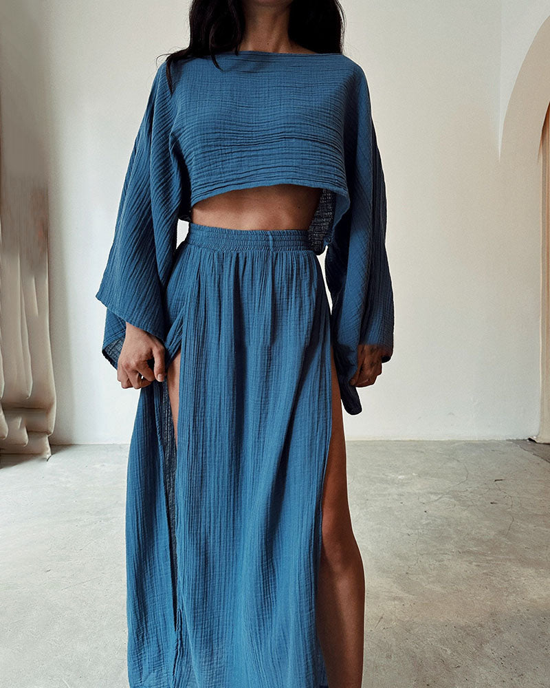 Stylish Polyester and Linen Split Two-Piece Set