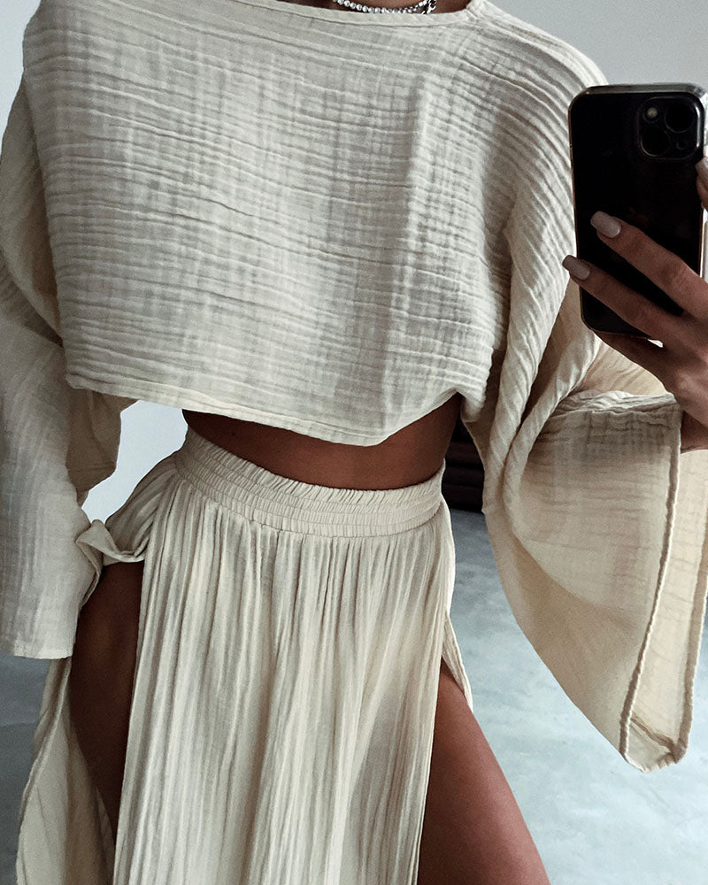 Stylish Polyester and Linen Split Two-Piece Set