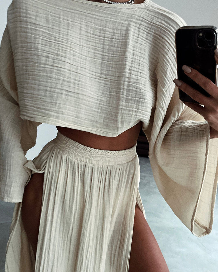 Stylish Polyester and Linen Split Two-Piece Set