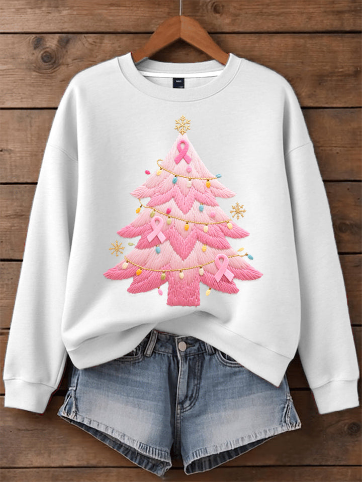 Women's Pink Christmas Tree Embroidered Sweatshirt
