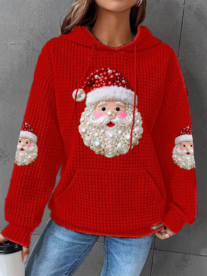 Women's Christmas Pearl Santa Claus Print Casual Waffle Hoodie