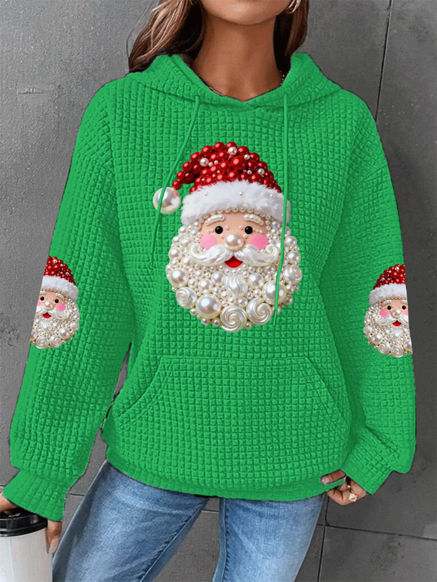 Women's Christmas Pearl Santa Claus Print Casual Waffle Hoodie
