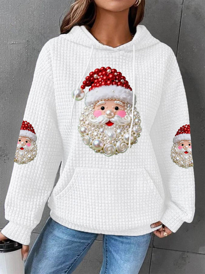 Women's Christmas Pearl Santa Claus Print Casual Waffle Hoodie